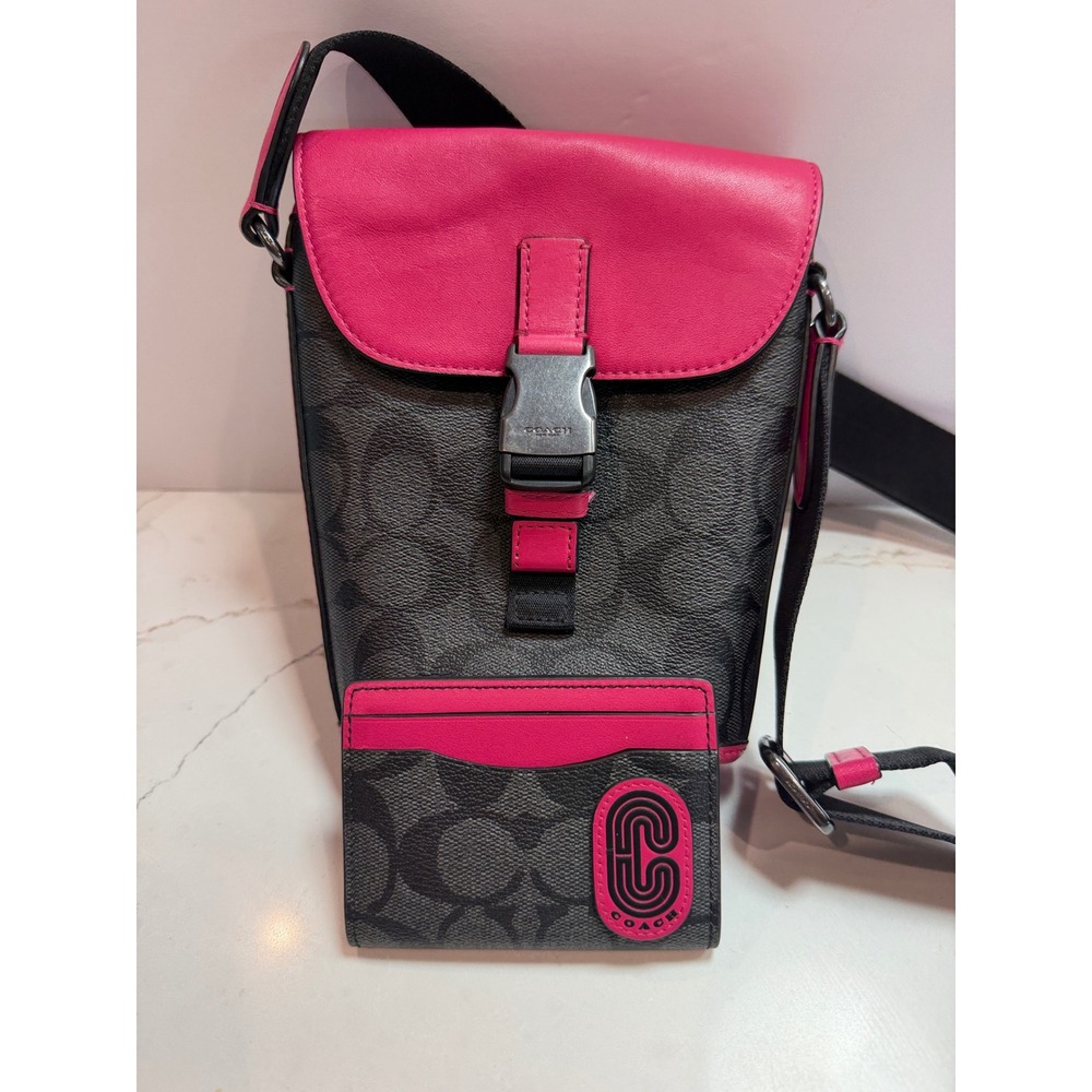 Coach Track Small Crossbody Bag Signature Canvas Charcoal Pink C2600